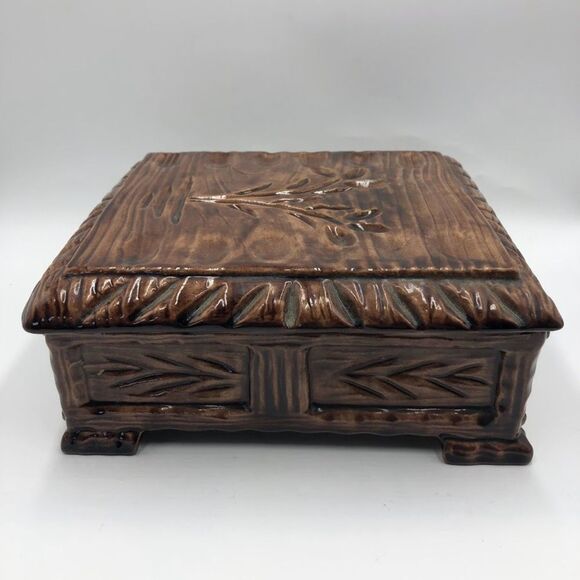 Vintage Mid Century 1970s Pottery Ceramic Brown Square Box With Lid Wood Look - Picture 7 of 13